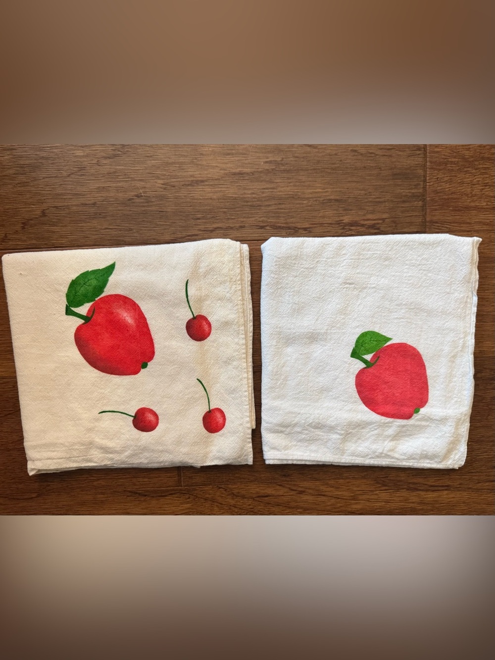 2 Vintage Cherry & Apple Flour Sack Cotton Dish Towels